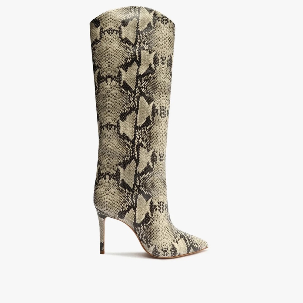 SCHUTZ Maryana Beige and Black Snakeskin Heeled Boots